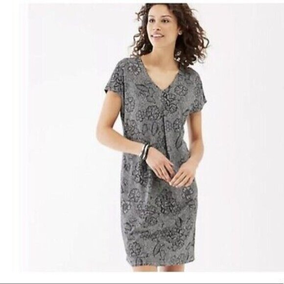 J. Jill Wearever Womens Black Gray Floral Cap Sleeve Pleat V-Neck Dress Petite M - Picture 1 of 9